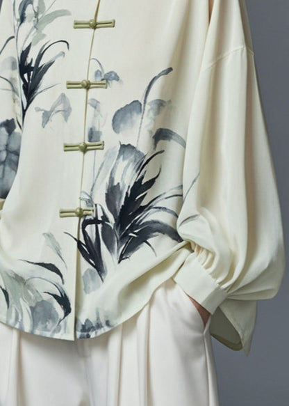 Light Green Stand Collar Print Cotton Shirt Fall