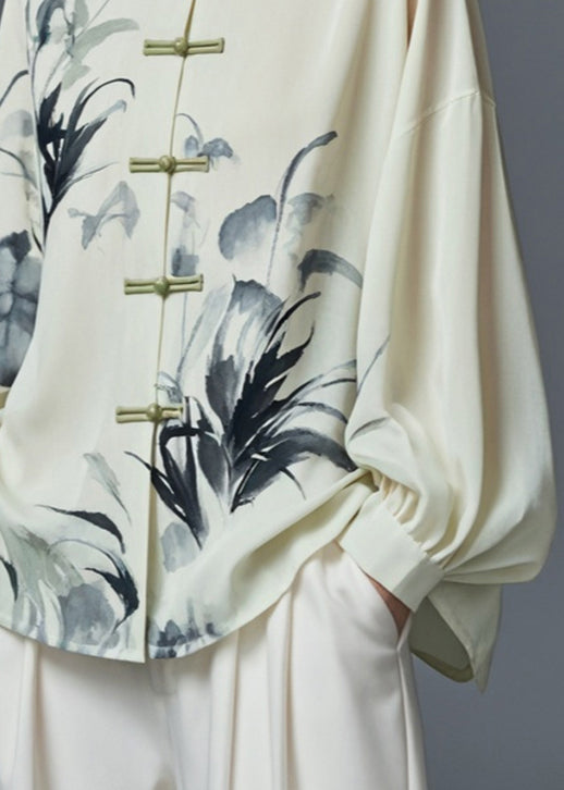 Light Green Stand Collar Print Cotton Shirt Fall