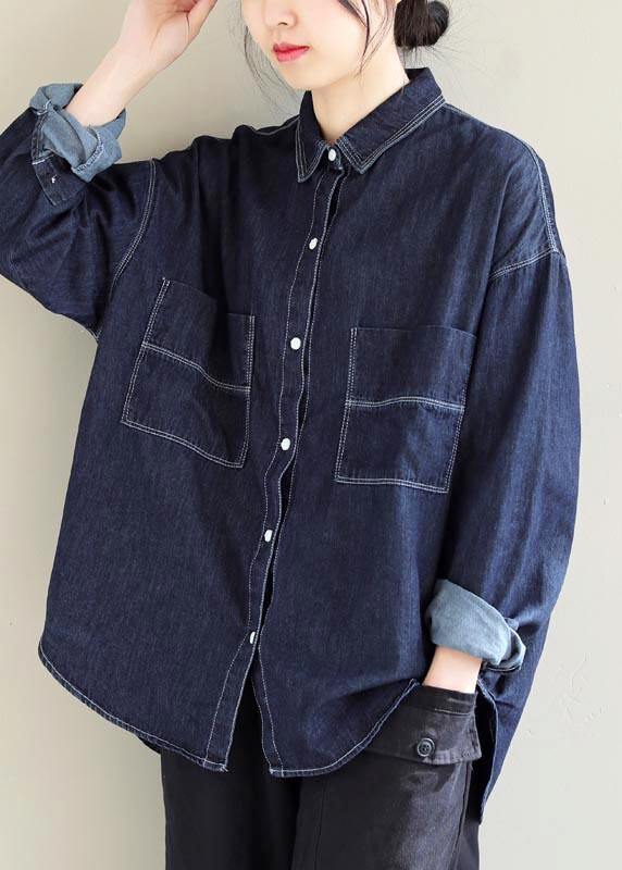 Lapel Pockets Spring Tops Pattern Denim Blue Shirt
