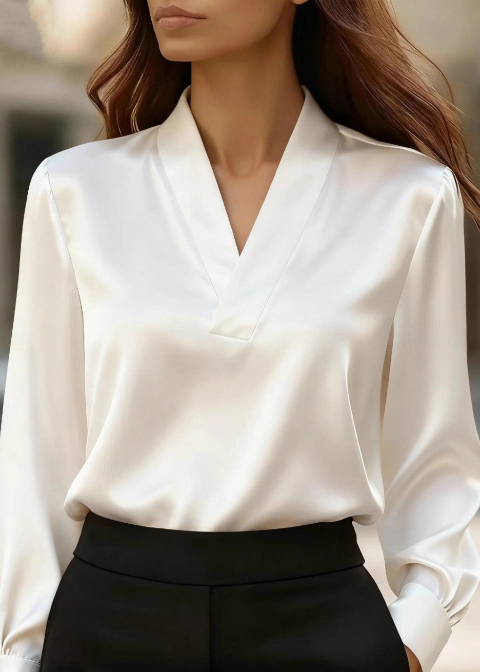 Khaki V Neck Patchwork Silk Shirt Top Spring