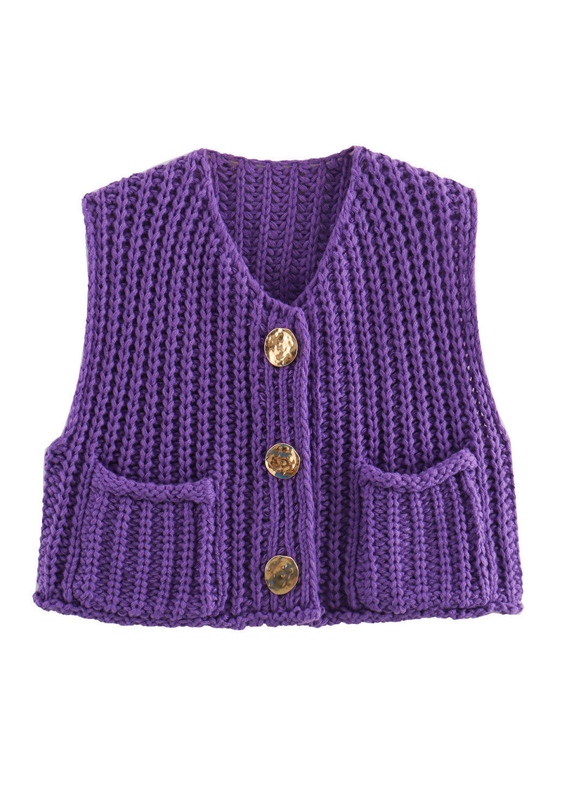Blue Pockets Button Knit Vest Sleeveless