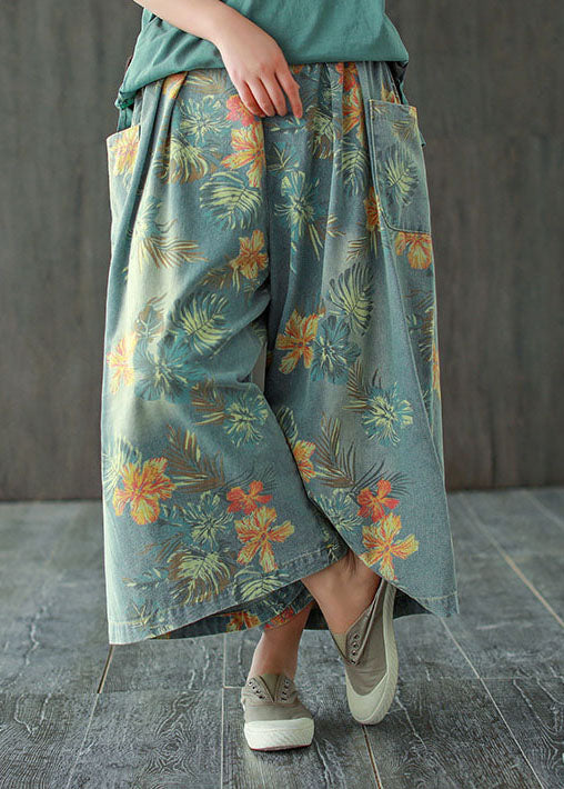Light Blue Elastic Waist Pockets Print Cotton Wide Leg Pants Spring
