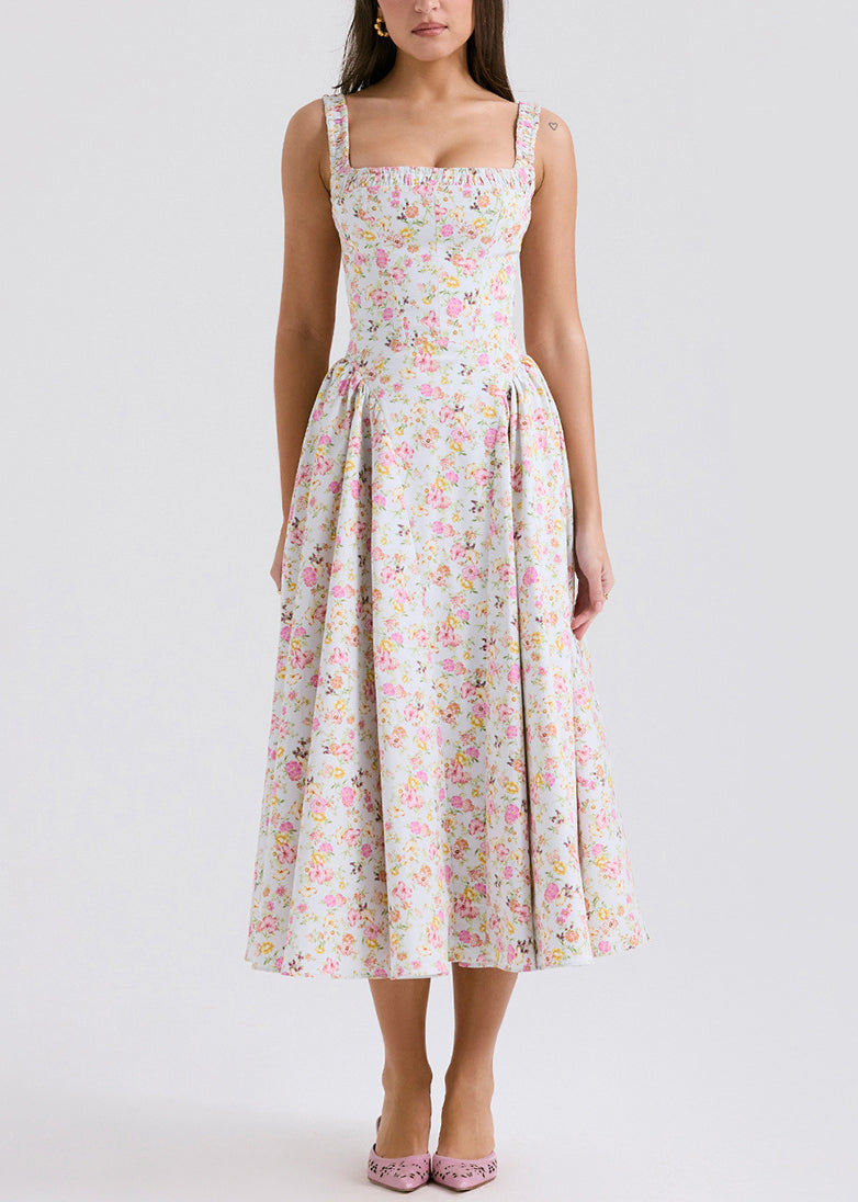 Fine Print Wrinkled Cotton Spaghetti Strap Dress Summer