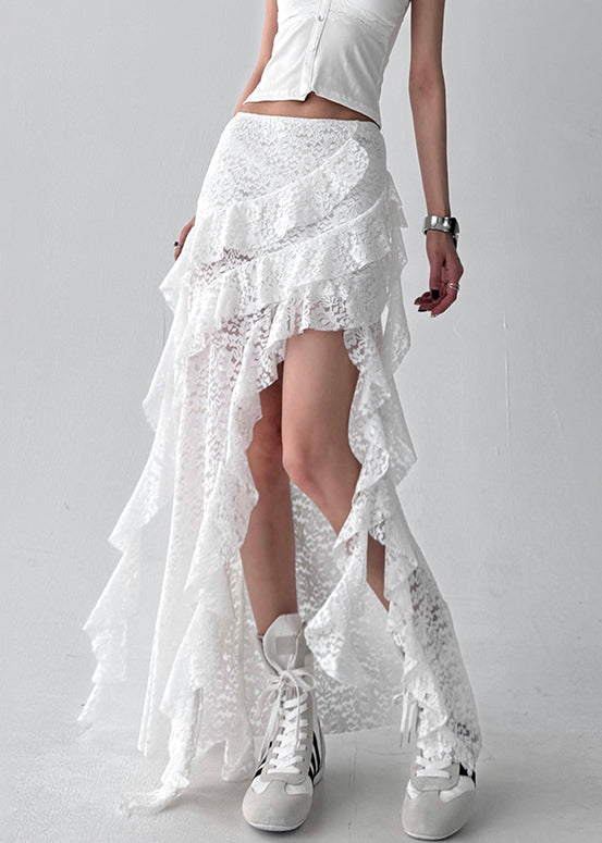 White Ruffled Lace Summer Skirt Asymmetrical