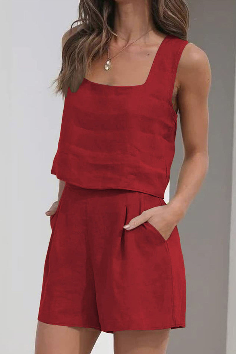 Tank Top Square Neck Pocket Shorts Set