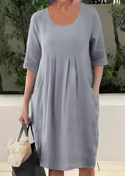 Blue O Neck Pockets Patchwork Cotton Dresses Summer