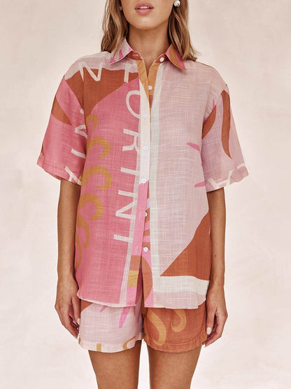 Loose Printed Bright Sun Vacation Shirt Shorts Set