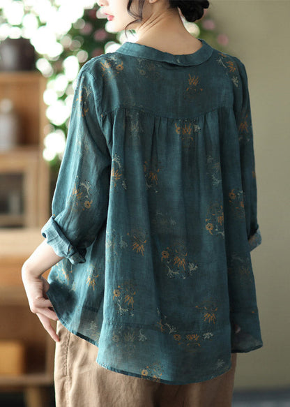 Retro Peacock Purple Peter Pan Collar Print Button Wrinkled Shirts Long Sleeve