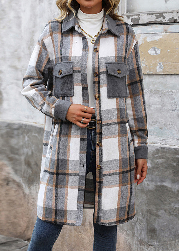 Coffee Peter Pan Collar Pockets Plaid Woolen Shirts Coat Winter