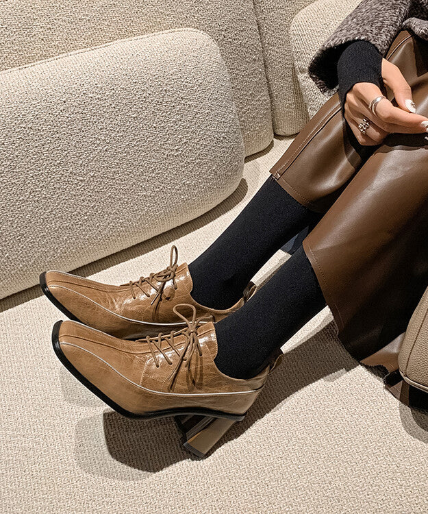 Splicing Lace Up Chunky Heel Mulberry Cowhide Leather