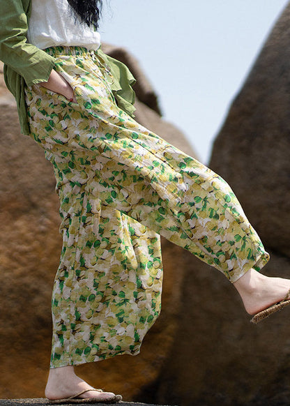 Green Print Tie Waist Linen Wide Leg Pants Summer