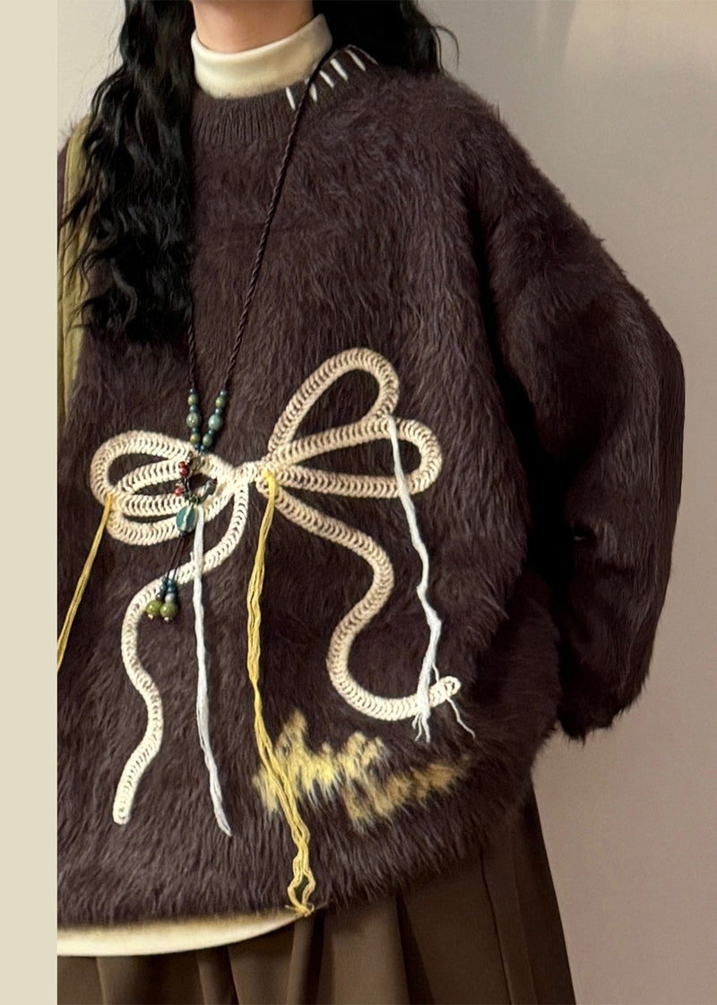 Loose Coffee Bow Thick Mink Hair Knitted Sweater Winter