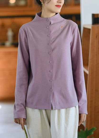 New Coffee Half High Neck Embroidered Button Cotton Top Spring