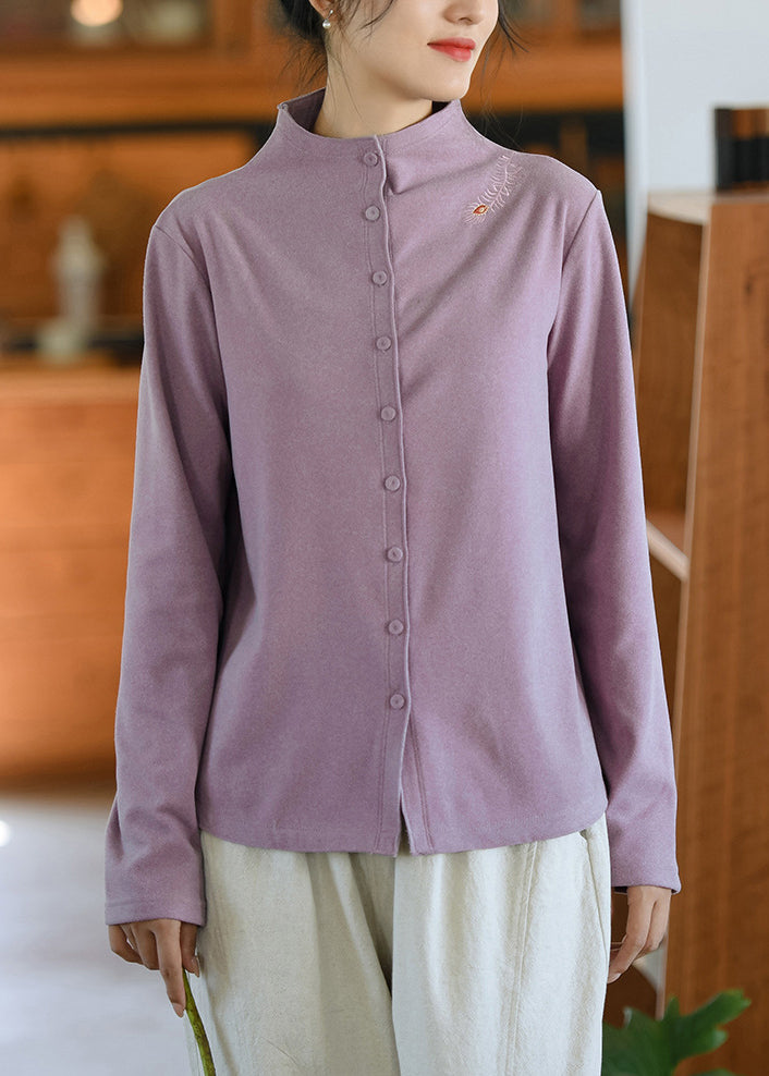New Coffee Half High Neck Embroidered Button Cotton Top Spring