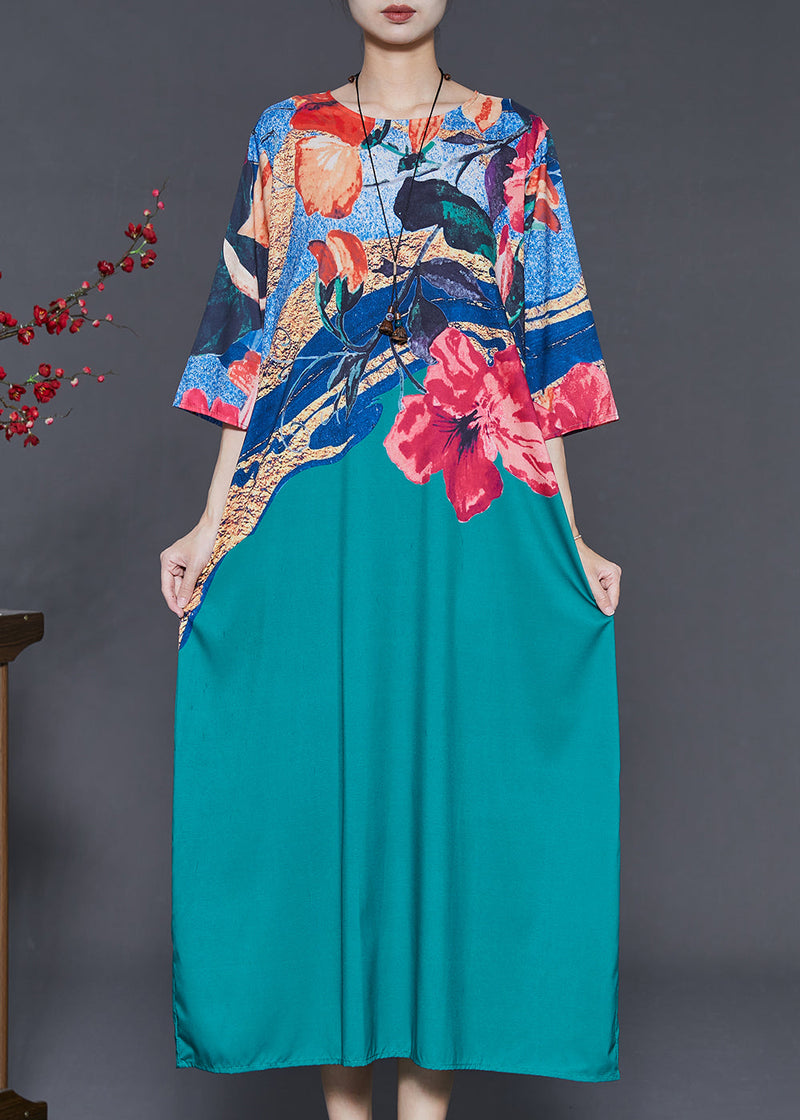 Green Oversized Print Silk Maxi Dresses Summer