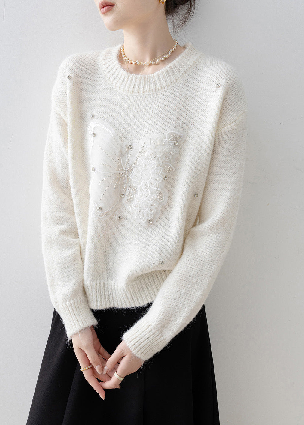 White O Neck Butterfly Zircon Knit Sweater Tops Spring