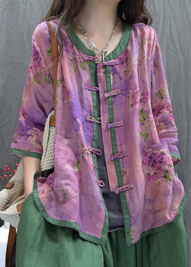 Purple Print Chinese Button Cotton Shirt Top Summer