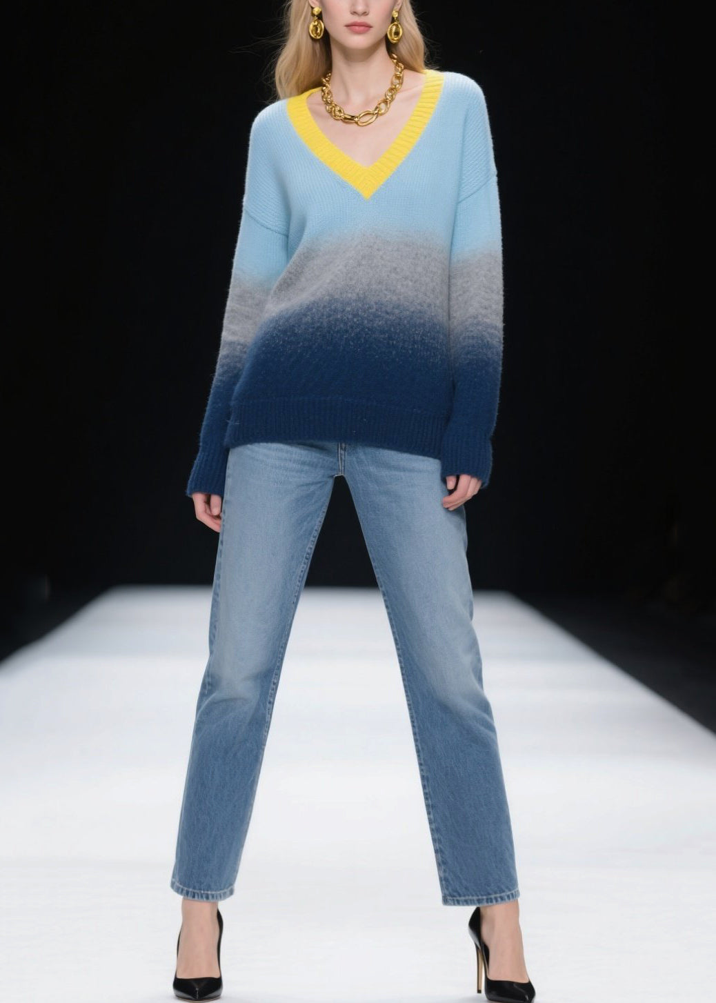 Mixed Color V Neck Warm Knitted Tops Winter