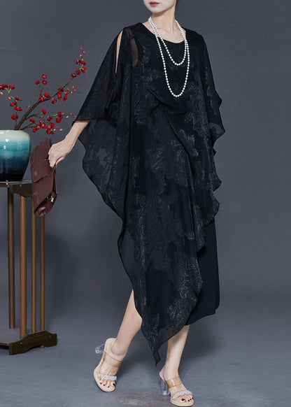 Black Cold Shoulder Jacquard Silk Dresses Summer