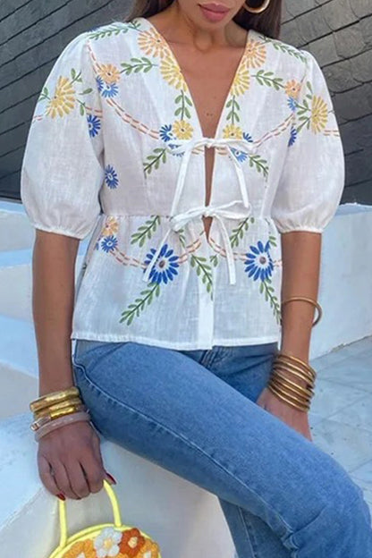 Print Flowers Frenulum V Neck Tops