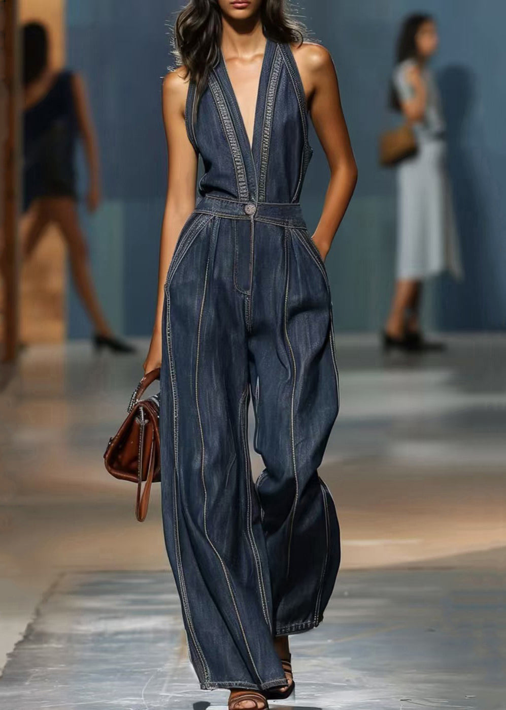 Denim Blue V Neck Pockets High Waist Jumpsuits Sleeveless