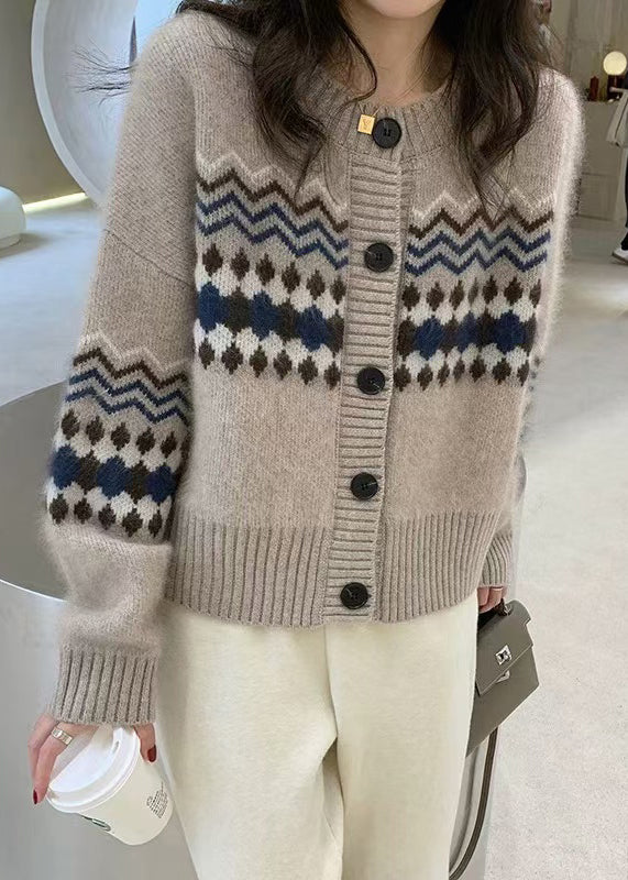 Apricot O Neck Jacquard Button Knit Cardigans Spring