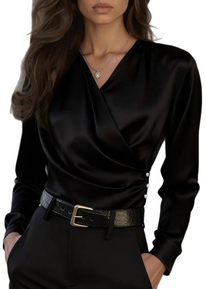 Organic White V Neck Patchwork Silk Shirt Tops Spring