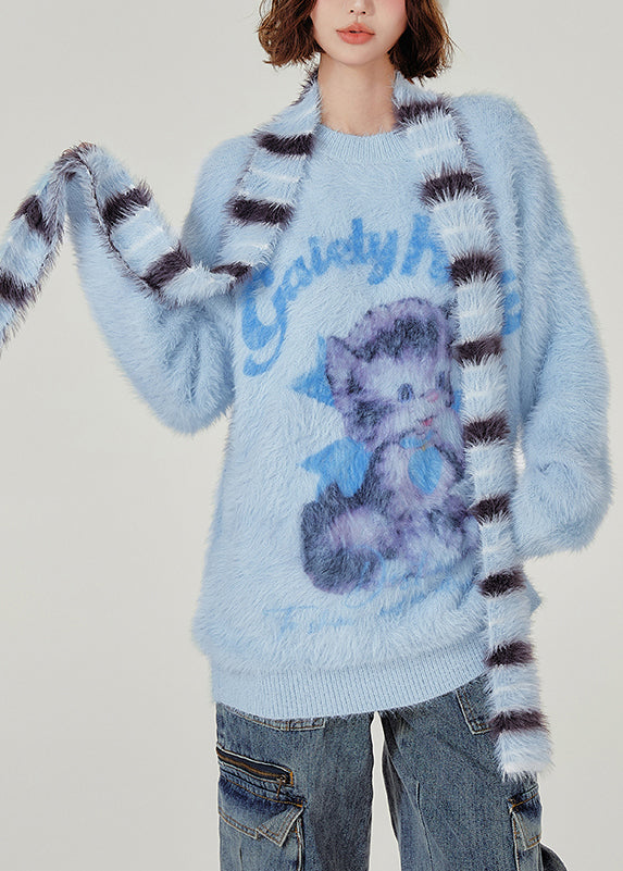 French Blue Oversized Cat Faux Mink Hair Knitted Sweaters Winter