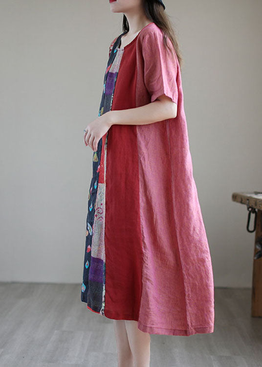 Red Loose Patchwork Linen Fall Short Sleeve Long Dresses