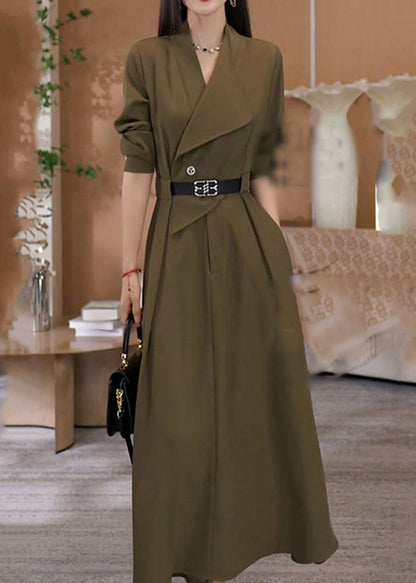 Green V Neck Waist Sashes Cotton Long Dresses Fall