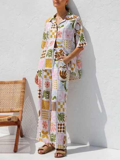 Multicolor Printed Holiday Style Top Wide Leg Pants Suit