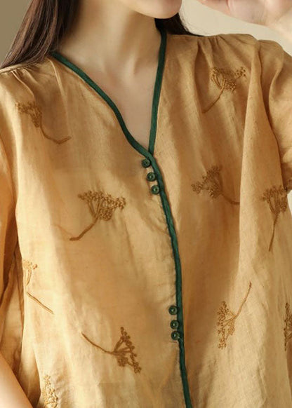 Yellow V Neck Embroidered Patchwork Linen Top Summer