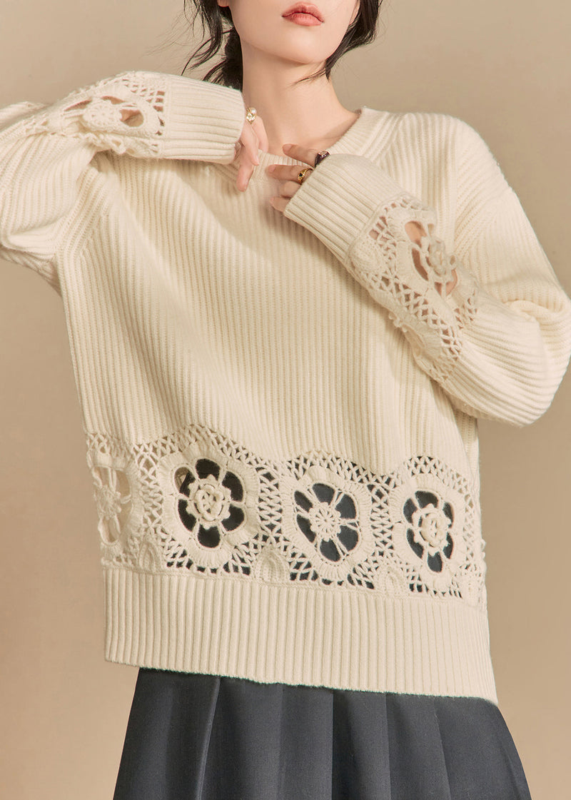 Loose Beige Hollow Out Knit Sweater Winter