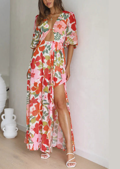 Stylish Red V Neck Print Side Open Cotton Dress Summer