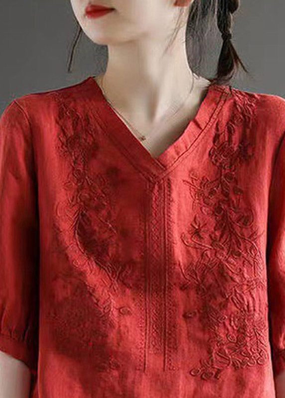 Red V Neck Embroidered Top Half Sleeve