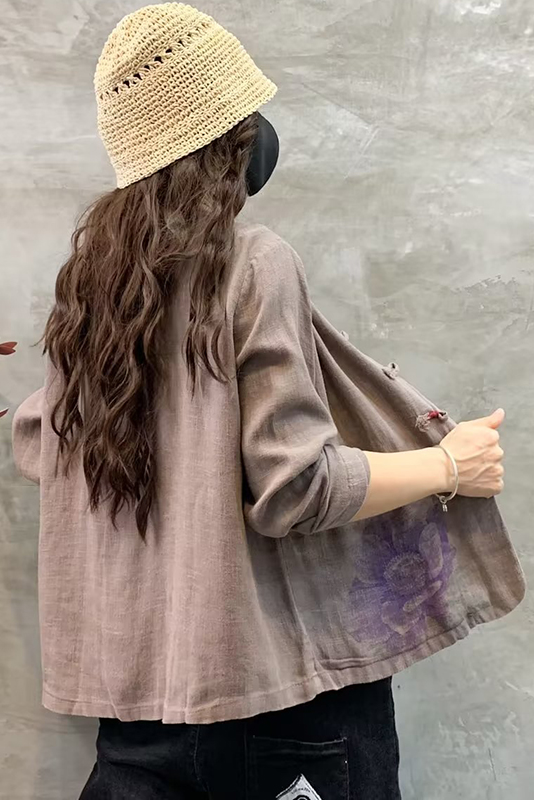 Fall New Button Down Cropped Cardigan Linen Print Coat