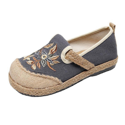 Black Embroidered Cotton Linen Fabric Splicing Flat Shoes