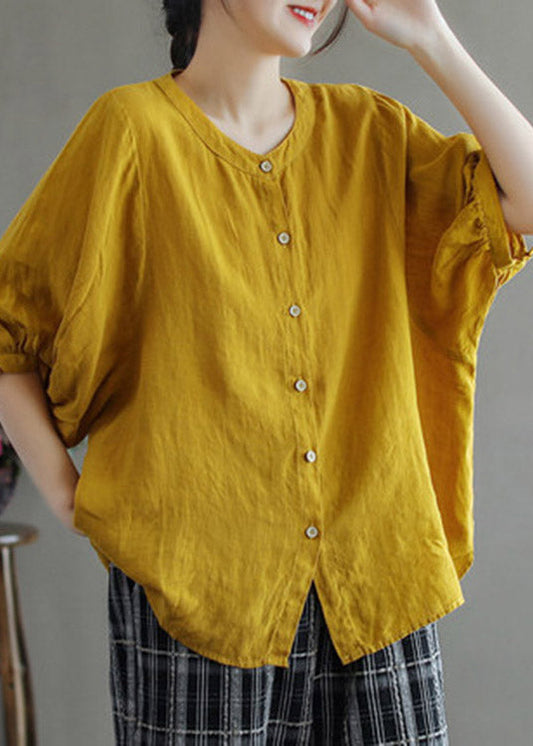 Loose Yellow O-neck Button Linen Shirts Half Sleeve