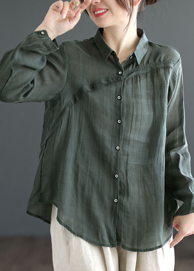 Green Peter Pan Collar Patchwork Linen Blouses Long Sleeve