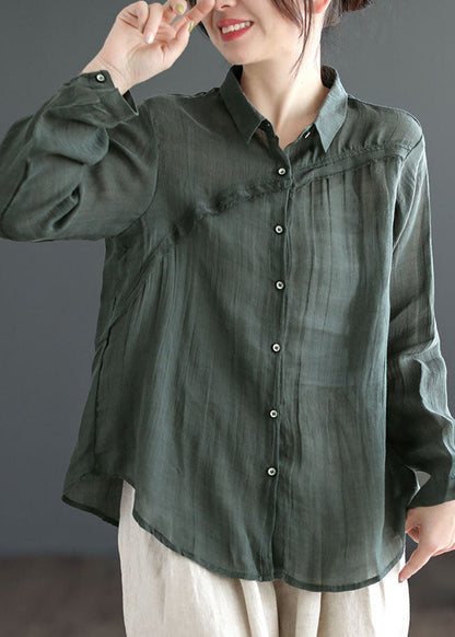 Green Peter Pan Collar Patchwork Linen Blouses Long Sleeve