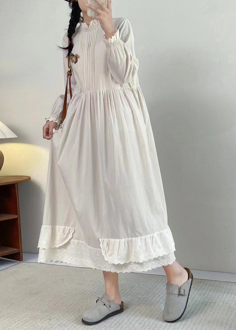 Apricot Stand Collar Ruffled Patchwork Wrinkled Long Dress Long Sleeve