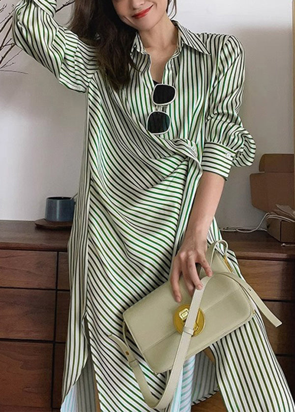 Green Peter Pan Collar Striped Cotton Shirts Dresses Fall