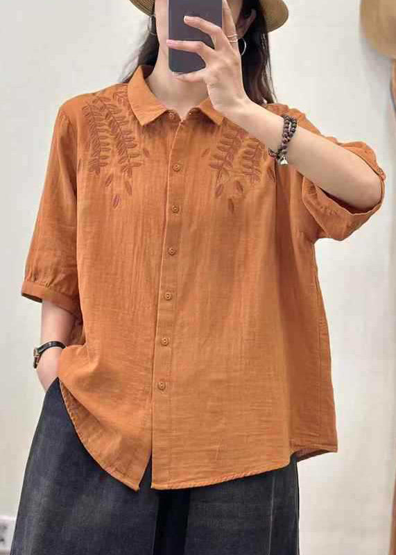 Orange Embroidered Cotton Blouse Top Summer