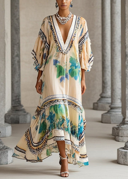 Apricot V Neck Print Chiffon Holiday Dress Summer