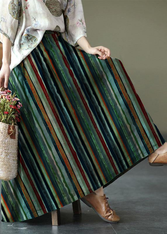 Color Stripes Print Ramie Elastic Waist Skirt