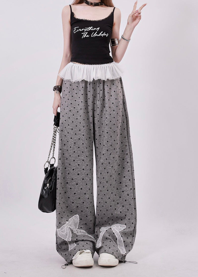 Grey Dot Bow Lace Patchwork Cotton Wide Leg Pants Spring