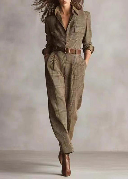 Modern Khaki Peter Pan Collar Plaid Cotton Jumpsuit Fall