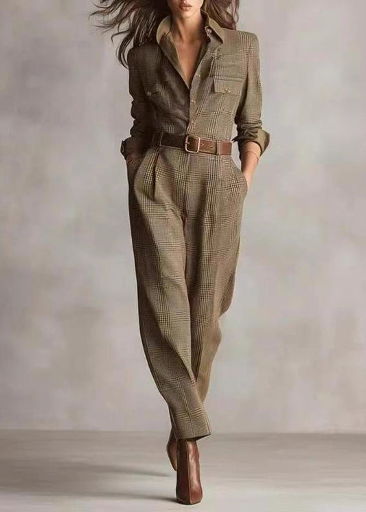 Modern Khaki Peter Pan Collar Plaid Cotton Jumpsuit Fall