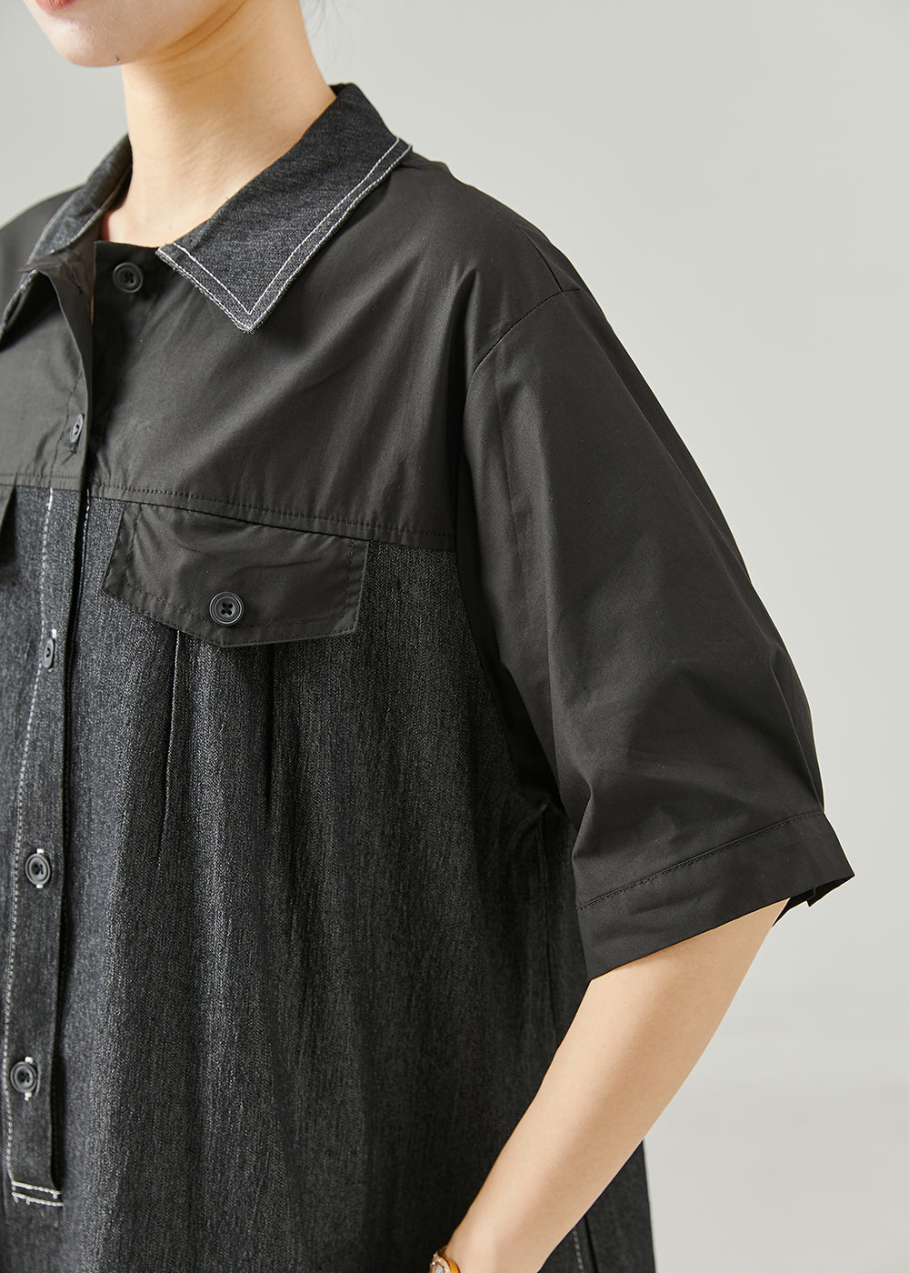 Black Oversized Patchwork Cotton Mid Dress Summer