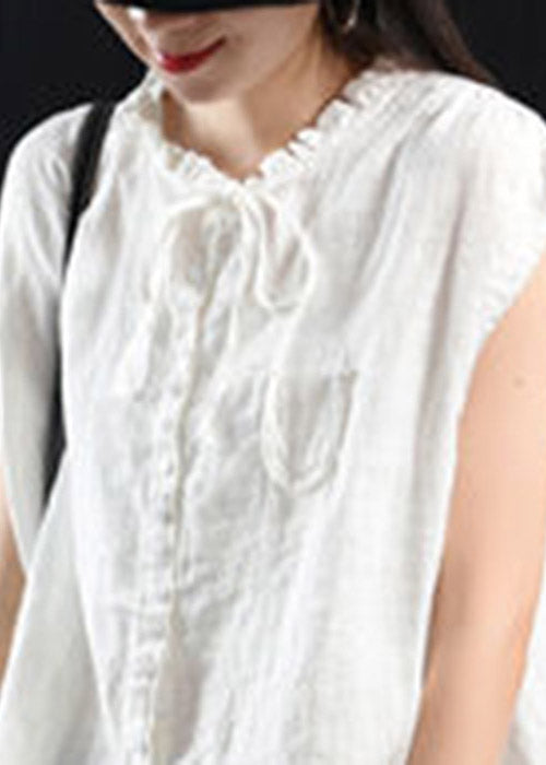 White O-neck Button Pockets Top Short Sleeve